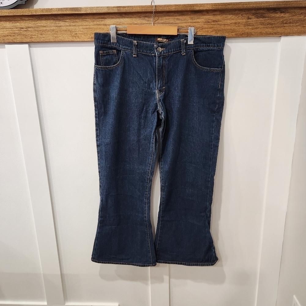 Run & Fly Jeans Woman's 38S W38 L27 Dark Blue Bell Bottom Super Flare Ma…